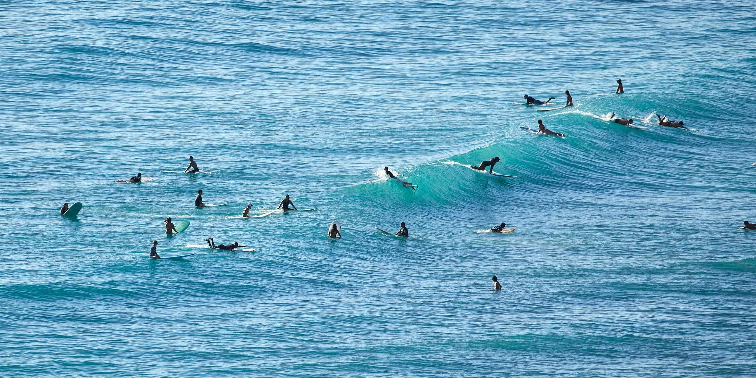 A group of Tiki's Grill & Bar staff members surfing before work, with Waikiki's surf breaks visible from the restaurant's location.