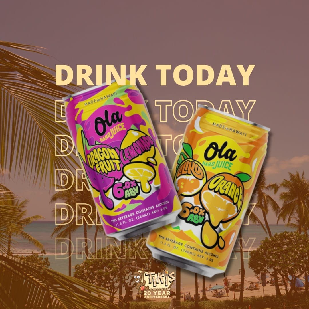 A photo of a variety of Ola Brewing hard juice cans, including Lilikoi, showcasing a local, Hawaiian-made beverage.